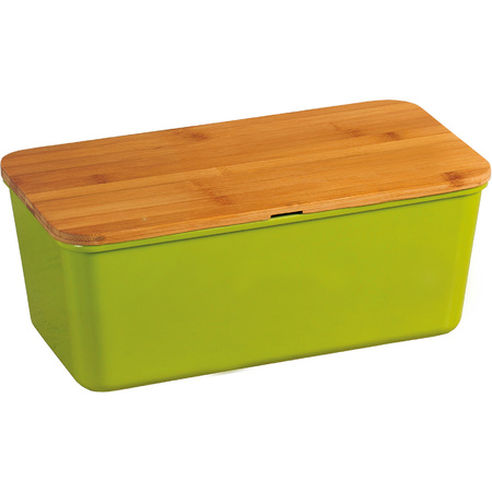 Lime green bread bin with cutting board lid and a SS bread knife 18 x 34 x 14 cm