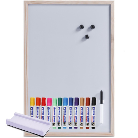 Magnetisch whiteboard/memobord - houten rand - 40 x 60 cm - met 12x Power Liner stiften en wisser