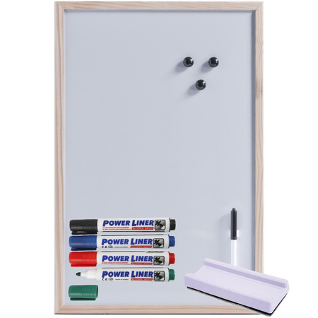 Magnetisch whiteboard/memobord - houten rand - 40 x 60 cm - met 4x Power Liner stiften en wisser