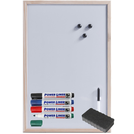 Magnetisch whiteboard/memobord - houten rand - 40 x 60 cm - met 4x Power Liner stiften en wisser