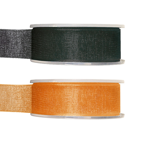 Organza deco ribbons set 2x rolls - black/orange - 2,5 cm x 20 meters - hobby/decoration