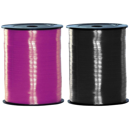 Pakket van 2 rollen lint zwart en fuchsia roze 500 meter x 5 milimeter breed