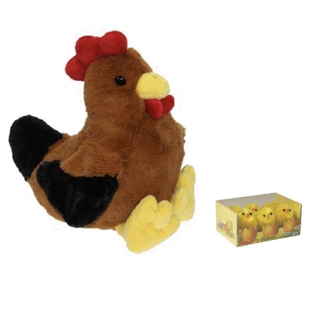 Pluche bruine kippen/hanen knuffel van 25 cm met 6x stuks mini kuikentjes 3,5 cm