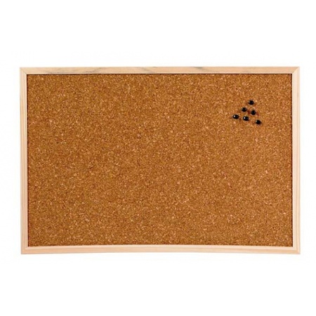 Prikbord van kurk 58 x 39 cm met 100 witte platte punaises