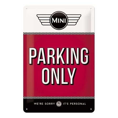 Rood tinnen muurplaatje Mini parking only