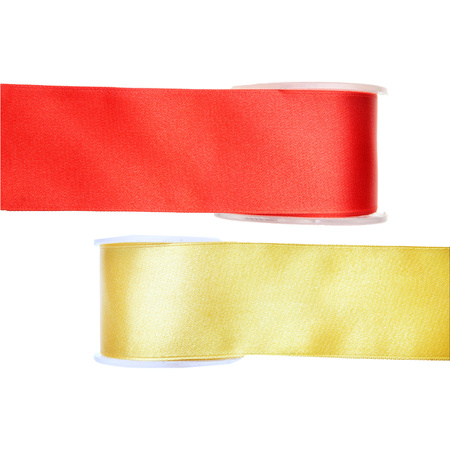 Satijn sierlint pakket - rood/geel - 2,5 cm x 25 meter - Hobby/decoratie/knutselen