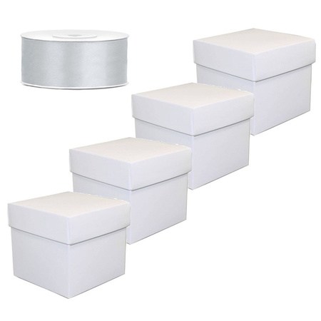 Set van 4 vierkante cadeau doosjes wit / 1 rol cadeaulint