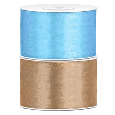 Set of 2x pieces decoration ribbons gold and lightblue 38 mm x 25 meters
