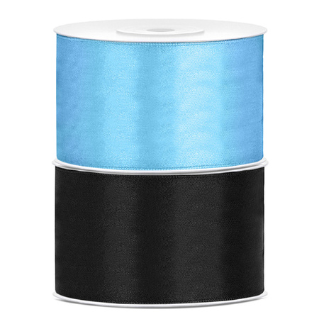 Set of 2x pieces decoration ribbons black and lightblue 38 mm x 25 meters