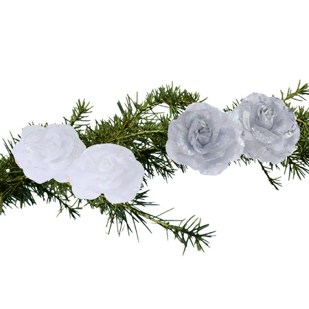 Set van 4x stuks decoratie bloemen rozen wit en zilver op clip 9cm