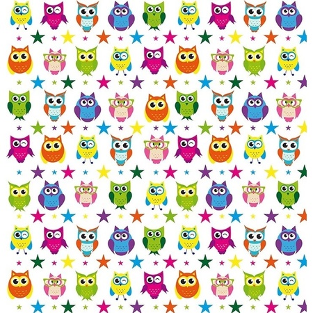 Set of 4x pieces wrapping paper white with coloured owls 70 x200 cm