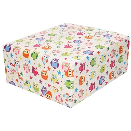 Set of 4x pieces wrapping paper white with coloured owls 70 x200 cm
