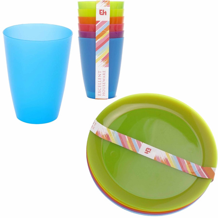 Set van 6x gekleurde borden en 6x gekleurde bekers kunststof voor kinderen 