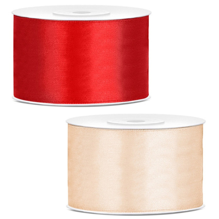 Set of 2x pieces decoration ribbons - red and cream white - 38 mm x 25 meters