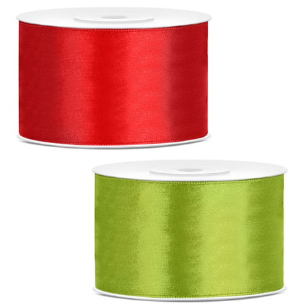Set of 2x pieces decoration ribbons - red and green - 38 mm x 25 meters