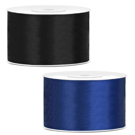 Set of 2x pieces decoration ribbons - black and blue - 38 mm x 25 meters