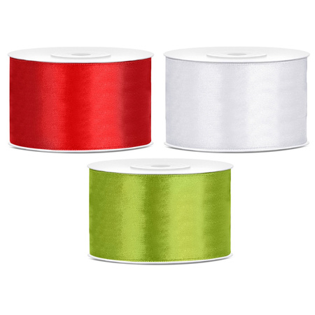 Set of 3x pieces decoration ribbons - wit/red/green - 38 mm x 25 meters