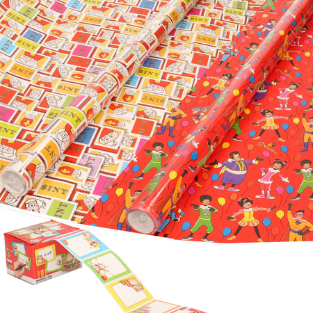 Sinterklaas inpakpapier/cadeaupapier 6x rollen en 50 naam stickers