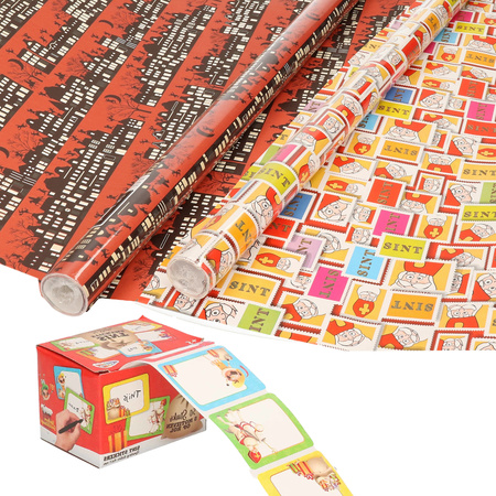 Sinterklaas inpakpapier/cadeaupapier 6x rollen en 50 naam stickers