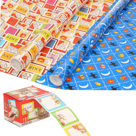 Sinterklaas inpakpapier/cadeaupapier 8x rollen en 50 naam stickers