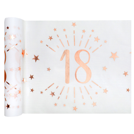 Tafelloper op rol - 18 jaar verjaardag - wit/rose goud - 30 x 500 cm - polyester