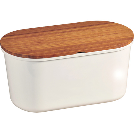 White bread bin with cutting board lid and a SS bread knife 21 x 37 x 18 cm