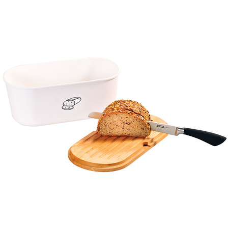 White bread bin with wooden cutting board lid 18 x 34 x 14 cm