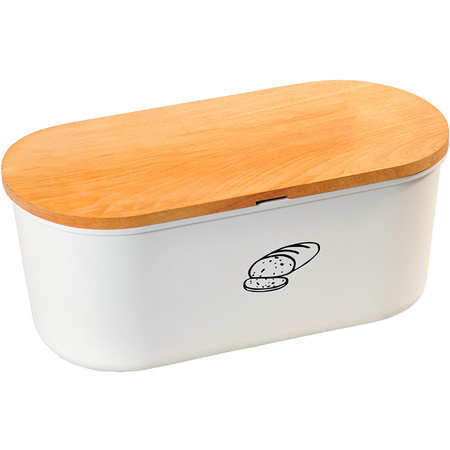 White bread bin with cutting board lid and a Ss bread knife 18 x 34 x 14 cm