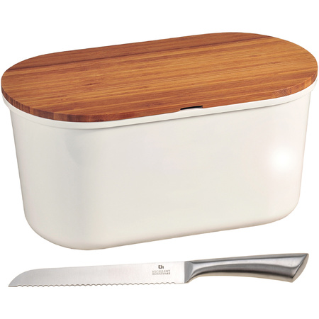 White bread bin with cutting board lid and a SS bread knife 21 x 37 x 18 cm
