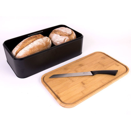 Zwarte broodtrommel deluxe met snijplank deksel 42,5 cm