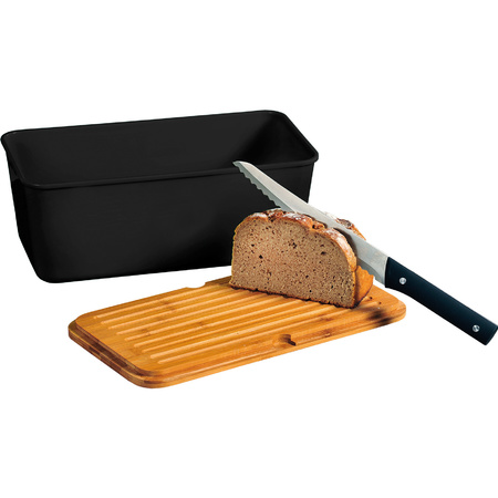 Zwarte broodtrommel met snijplank deksel en RVS broodmes 18 x 34 x 14 cm