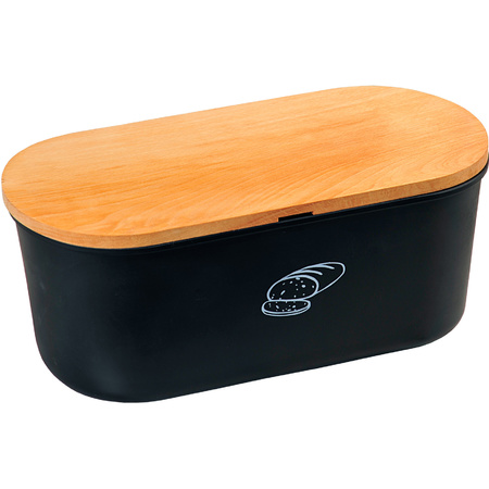 Black bread bin with wooden cutting board lid 18 x 34 x 14 cm
